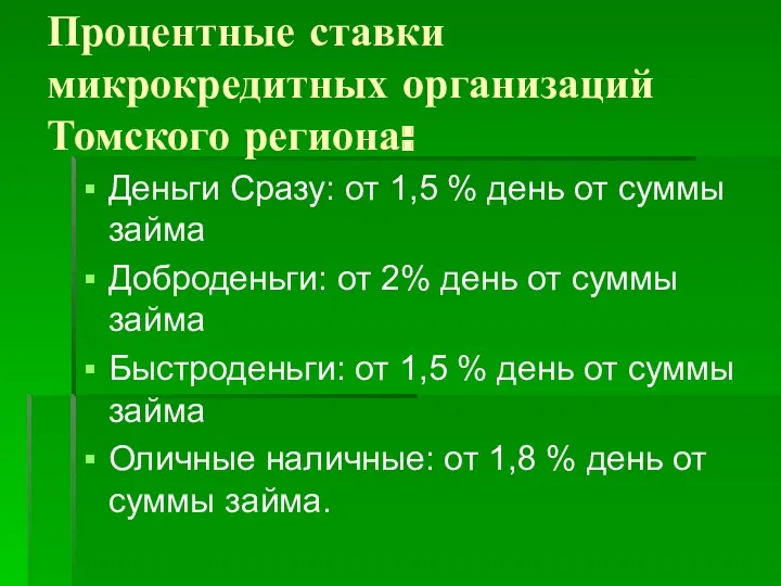 Процентные ставки микрокредитных организаций Томского региона: Деньги Сразу: от 1,5 % день от