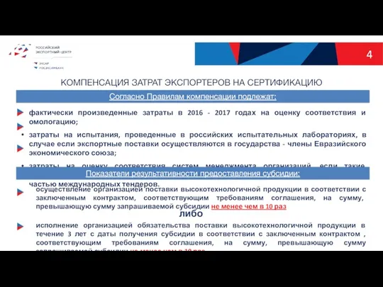 4 КОМПЕНСАЦИЯ ЗАТРАТ ЭКСПОРТЕРОВ НА СЕРТИФИКАЦИЮ Согласно Правилам компенсации подлежат: