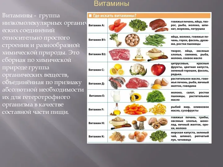 Витамины Витамины - группа низкомолекулярных органических соединений относительно простого строения