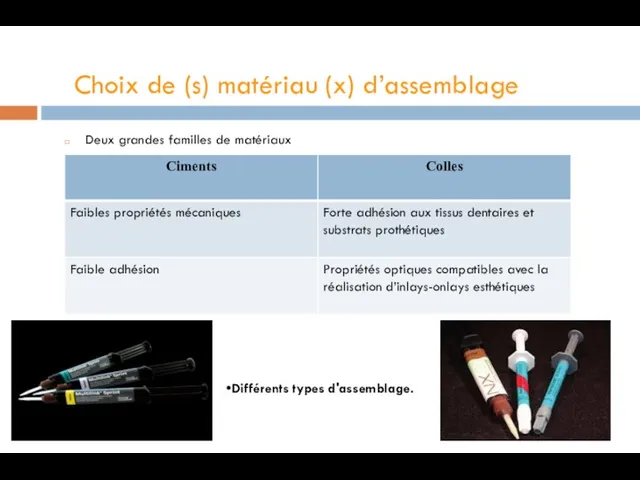 Choix de (s) matériau (x) d’assemblage Deux grandes familles de matériaux Différents types d'assemblage.