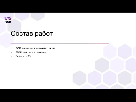 Состав работ QFD-анализ для опта и розницы JTBD для опта и розницы Оценка NPS