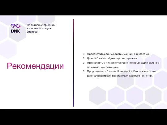 Рекомендации Проработать единую систему акций с дилерами Давать больше обучающих