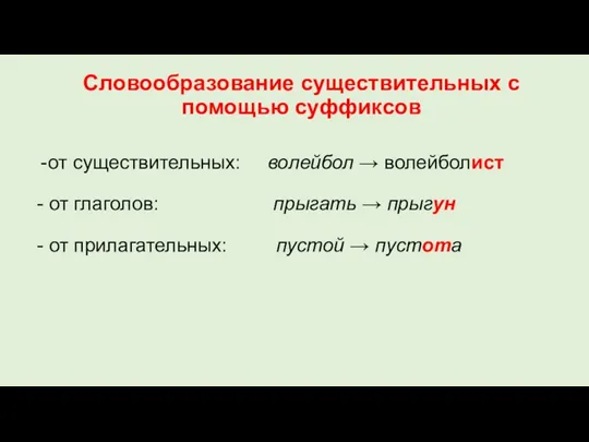 Словообразование существительных с помощью суффиксов от существительных: волейбол → волейболист