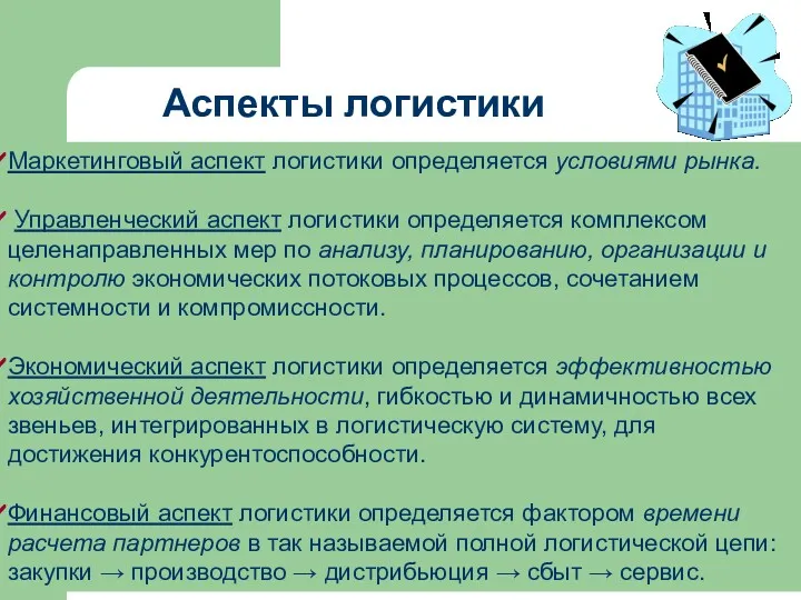 Аспекты логистики Маркетинговый аспект логистики определяется условиями рынка. Управленческий аспект