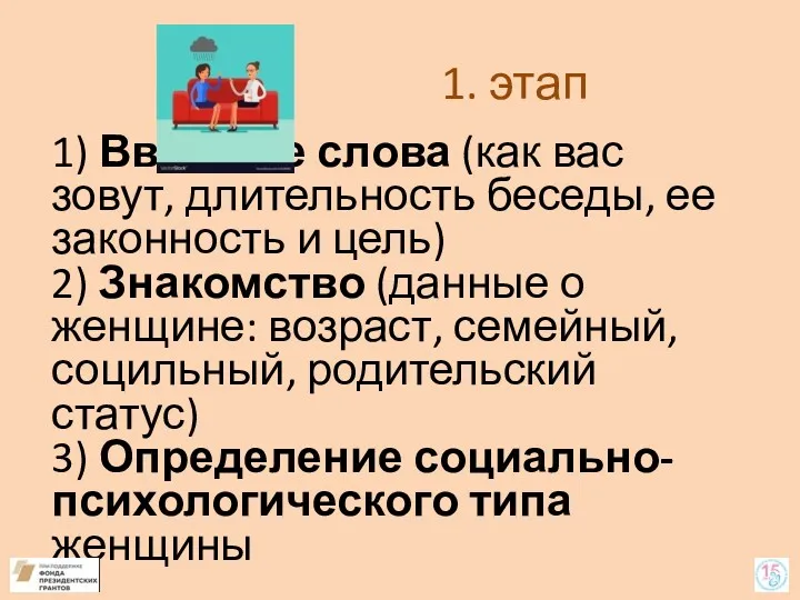 1. этап 1) Вводные слова (как вас зовут, длительность беседы,