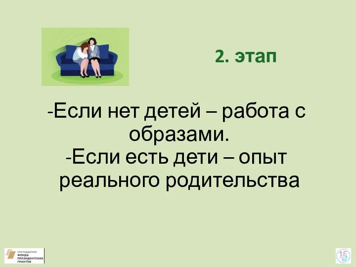 2. этап Если нет детей – работа с образами. Если есть дети – опыт реального родительства