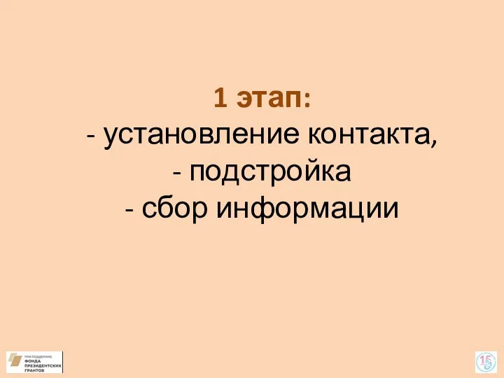 1 этап: - установление контакта, - подстройка - сбор информации