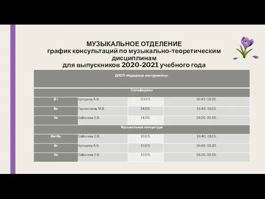 МУЗЫКАЛЬНОЕ ОТДЕЛЕНИЕ график консультаций по музыкально-теоретическим дисциплинам для выпускников 2020-2021 учебного года