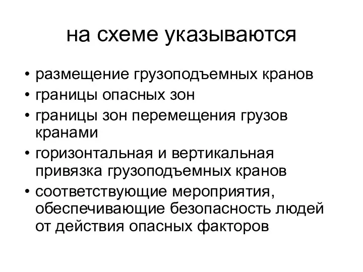 на схеме указываются размещение грузоподъемных кранов границы опасных зон границы