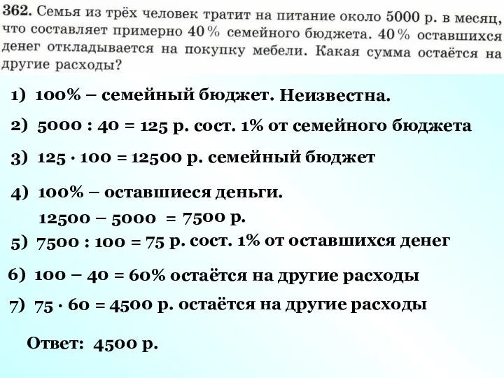 1) 100% – семейный бюджет. Неизвестна. 2) 5000 : 40 = 125 р.