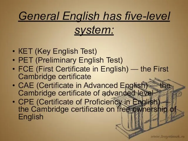 General English has five-level system: КЕТ (Key English Test) PET