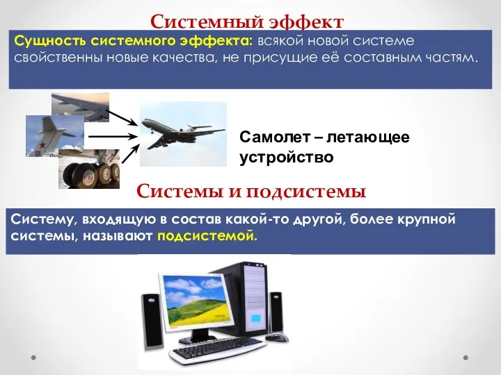 Системный эффект Сущность системного эффекта: всякой новой системе свойственны новые