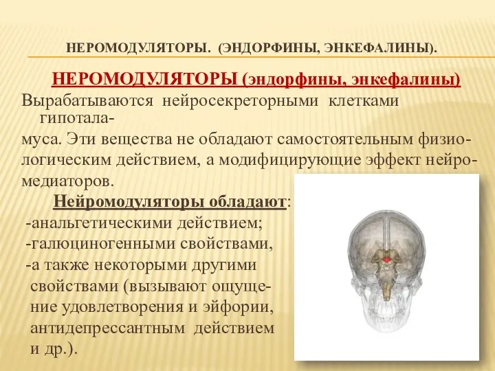 НЕРОМОДУЛЯТОРЫ. (ЭНДОРФИНЫ, ЭНКЕФАЛИНЫ). НЕРОМОДУЛЯТОРЫ (эндорфины, энкефалины) Вырабатываются нейросекреторными клетками гипотала-