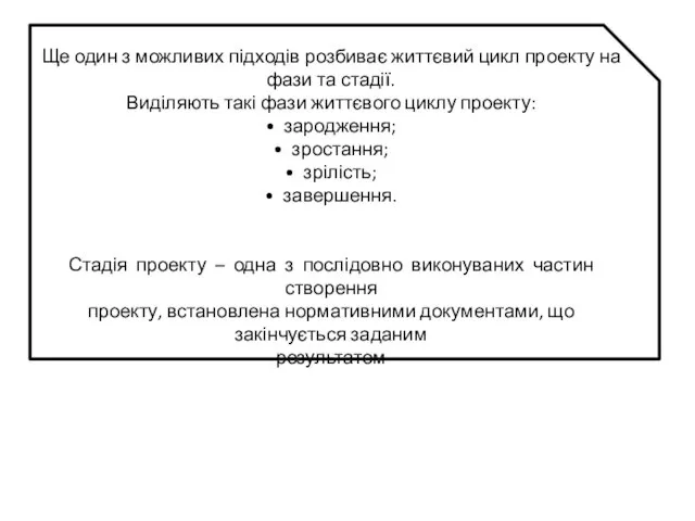 Ще один з можливих підходів розбиває життєвий цикл проекту на