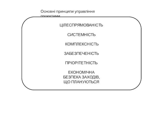 Основні принципи управління проектами ЦІЛЕСПРЯМОВАНІСТЬ СИСТЕМНІСТЬ КОМПЛЕКСНІСТЬ ЗАБЕЗПЕЧЕНІСТЬ ПРІОРІТЕТНІСТЬ ЕКОНОМІЧНА БЕЗПЕКА ЗАХОДІВ, ЩО ПЛАНУЮТЬСЯ