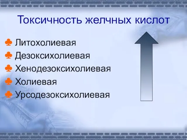 Токсичность желчных кислот Литохолиевая Дезоксихолиевая Хенодезоксихолиевая Холиевая Урсодезоксихолиевая