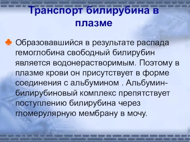 Транспорт билирубина в плазме Образовавшийся в результате распада гемоглобина свободный