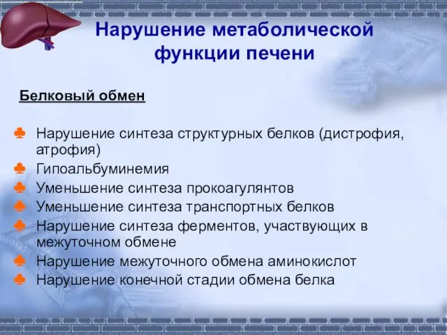 Нарушение метаболической функции печени Белковый обмен Нарушение синтеза структурных белков