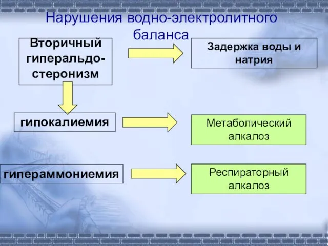 Нарушения водно-электролитного баланса Вторичный гиперальдо- стеронизм Задержка воды и натрия гипокалиемия гипераммониемия Метаболический алкалоз Респираторный алкалоз