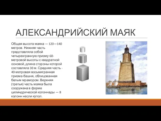 АЛЕКСАНДРИЙСКИЙ МАЯК Общая высота маяка — 120—140 метров. Нижняя часть