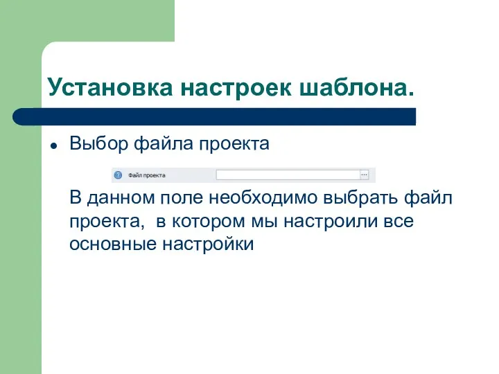 Установка настроек шаблона. Выбор файла проекта В данном поле необходимо