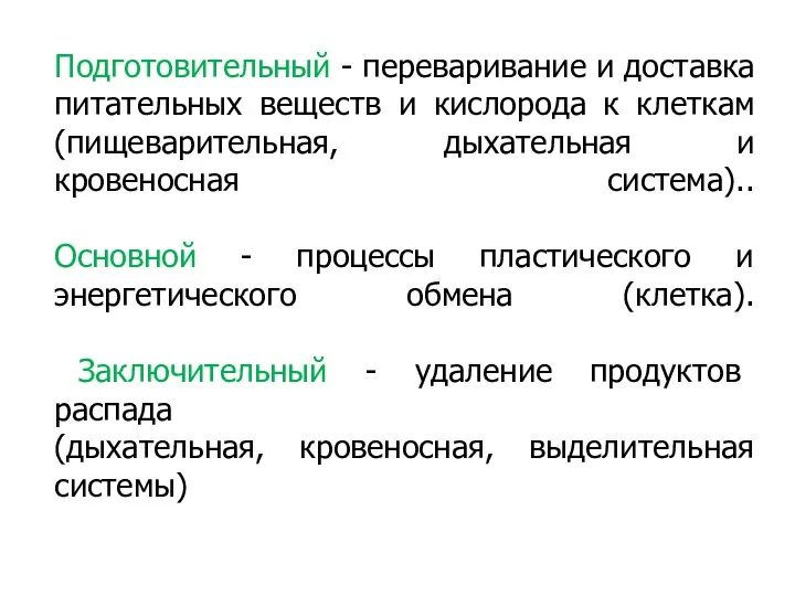 Подготовительный - переваривание и доставка питательных веществ и кислорода к