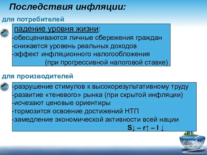 Последствия инфляции: падение уровня жизни: обесцениваются личные сбережения граждан снижается