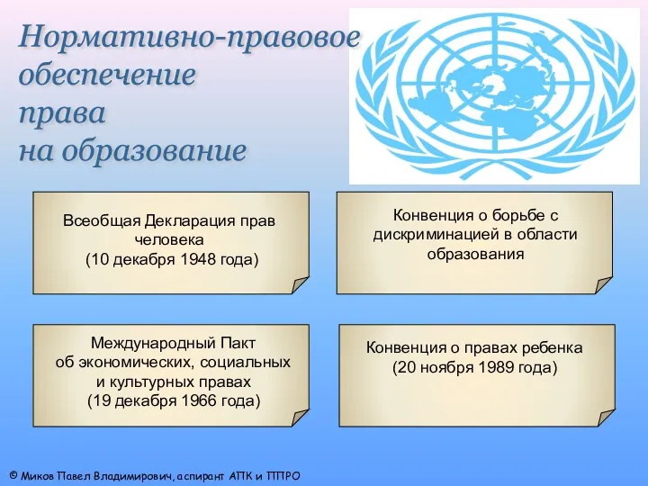 Нормативно-правовое обеспечение права на образование © Миков Павел Владимирович, аспирант АПК и ППРО