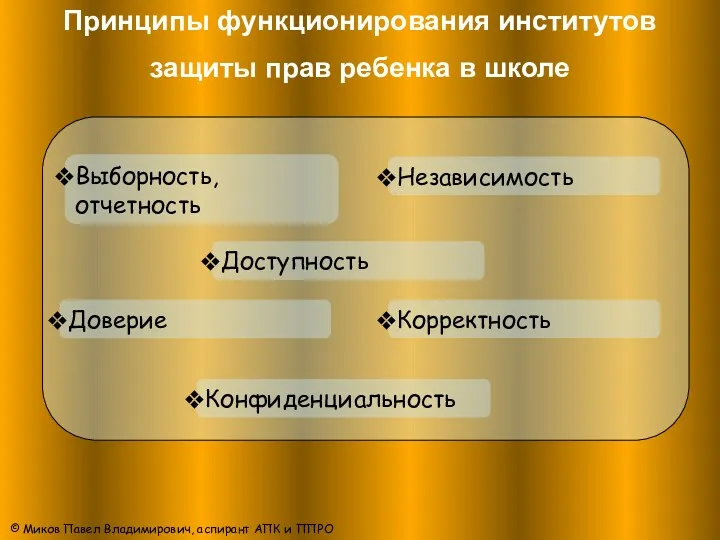 Принципы функционирования институтов защиты прав ребенка в школе Выборность, отчетность