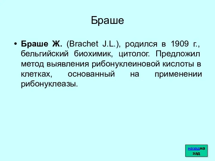 Браше Браше Ж. (Brachet J.L.), родился в 1909 г., бельгийский биохимик, цитолог. Предложил