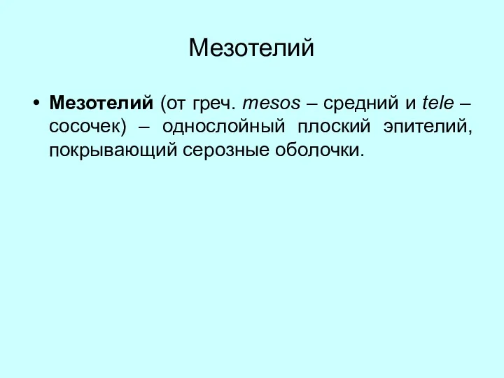 Мезотелий Мезотелий (от греч. mesos – средний и tele – сосочек) – однослойный