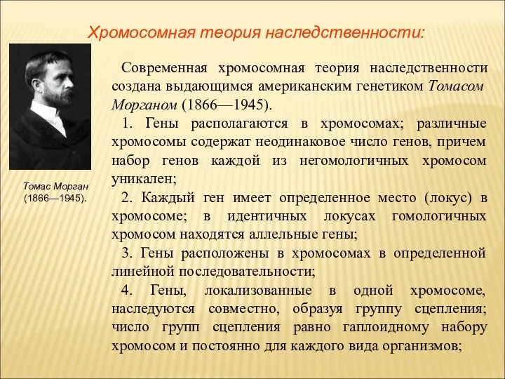 Современная хромосомная теория наследственности создана выдающимся американским генетиком Томасом Морганом