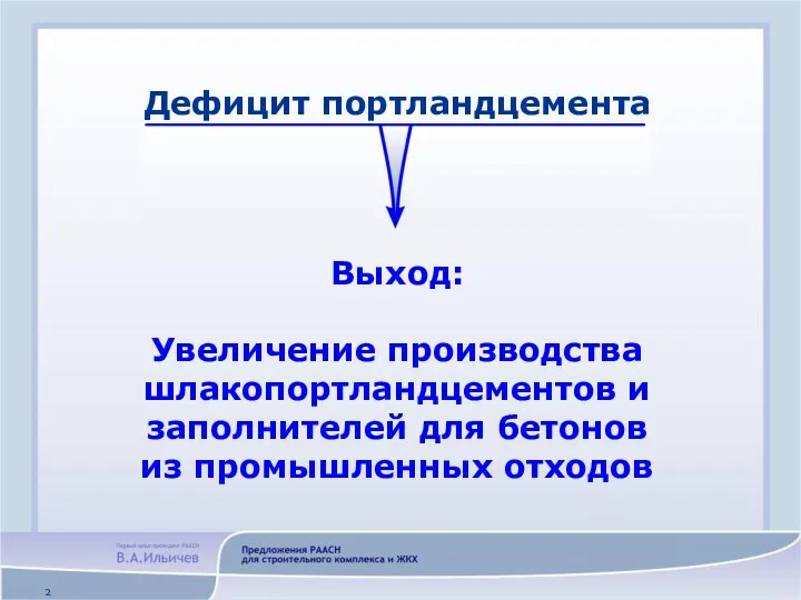 Дефицит портландцемента Выход: Увеличение производства шлакопортландцементов и заполнителей для бетонов из промышленных отходов