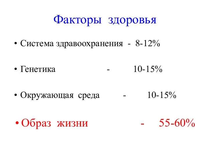 Факторы здоровья Система здравоохранения - 8-12% Генетика - 10-15% Окружающая