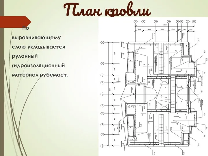 План кровли По выравнивающему слою укладывается рулонный гидроизоляционный материал рубемаст.