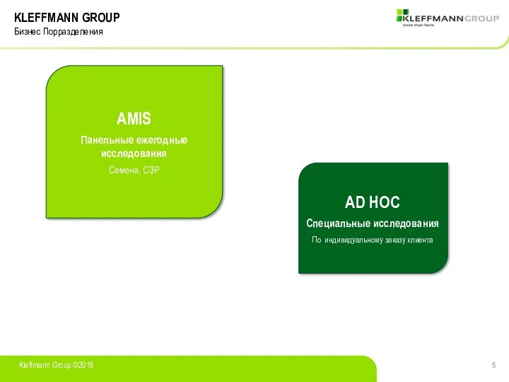 Бизнес Порразделения Kleffmann Group ©2016 KLEFFMANN GROUP AMIS Панельные ежегодные исследования Семена, СЗР