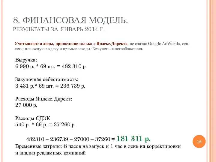 8. ФИНАНСОВАЯ МОДЕЛЬ. РЕЗУЛЬТАТЫ ЗА ЯНВАРЬ 2014 Г. Учитываются лиды,