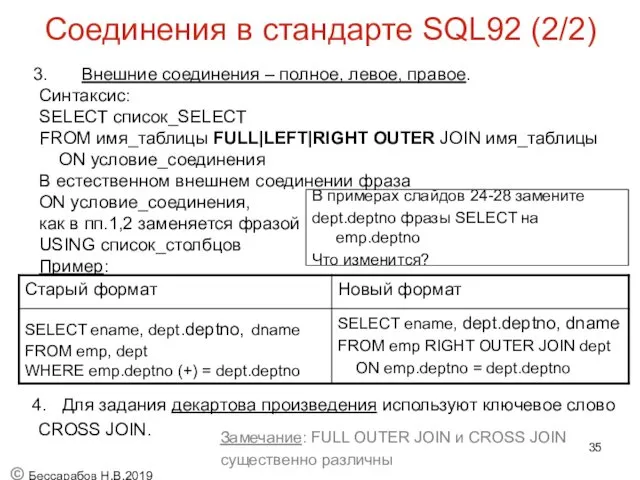 Соединения в стандарте SQL92 (2/2) Внешние соединения – полное, левое, правое. Синтаксис: SELECT