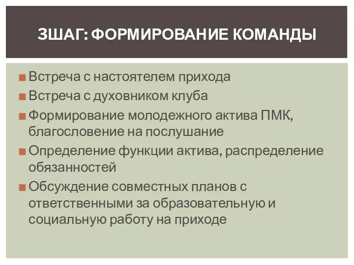 Встреча с настоятелем прихода Встреча с духовником клуба Формирование молодежного