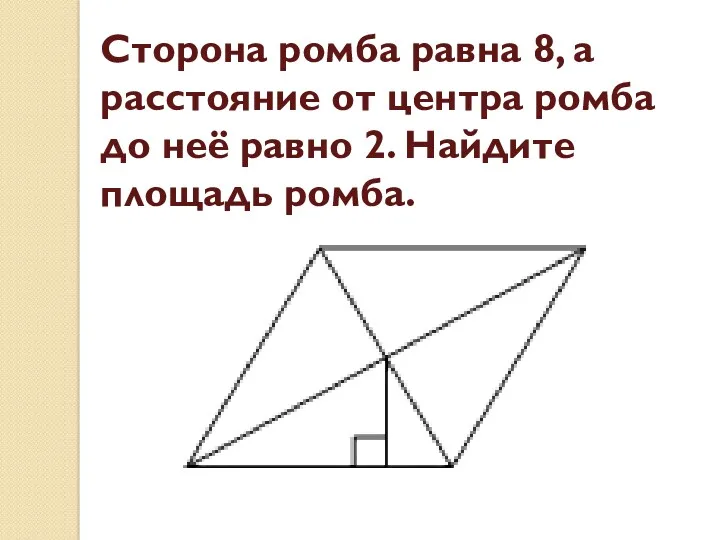 Сторона ромба равна 8, а расстояние от центра ромба до неё равно 2. Найдите площадь ромба.