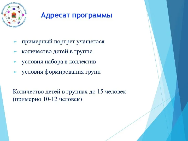 Адресат программы примерный портрет учащегося количество детей в группе условия