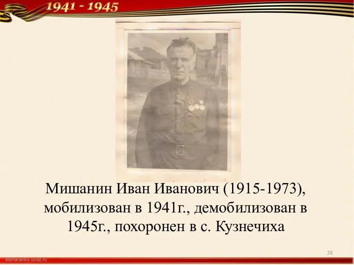 Мишанин Иван Иванович (1915-1973), мобилизован в 1941г., демобилизован в 1945г., похоронен в с. Кузнечиха