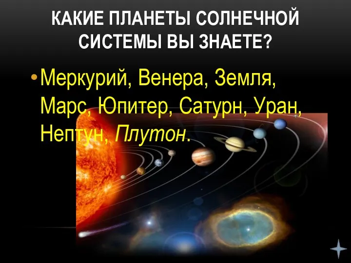 КАКИЕ ПЛАНЕТЫ СОЛНЕЧНОЙ СИСТЕМЫ ВЫ ЗНАЕТЕ? Меркурий, Венера, Земля, Марс, Юпитер, Сатурн, Уран, Нептун, Плутон.