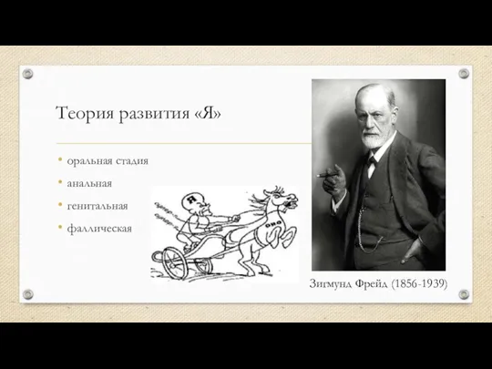 Теория развития «Я» Зигмунд Фрейд (1856-1939) оральная стадия анальная генитальная фаллическая