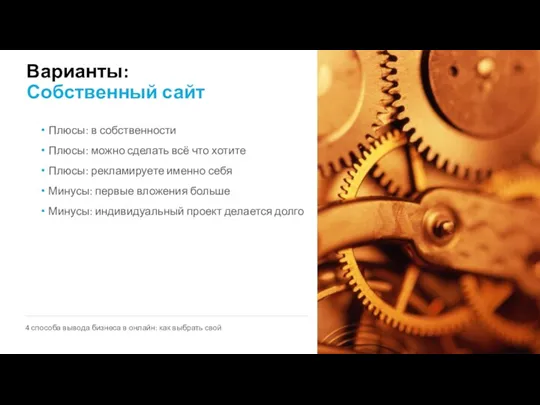 Варианты: Собственный сайт Плюсы: в собственности Плюсы: можно сделать всё