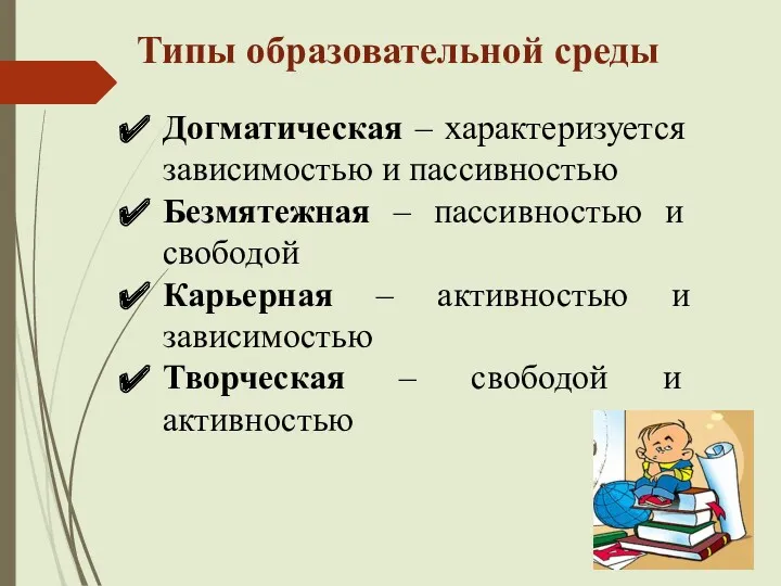 Типы образовательной среды Догматическая – характеризуется зависимостью и пассивностью Безмятежная