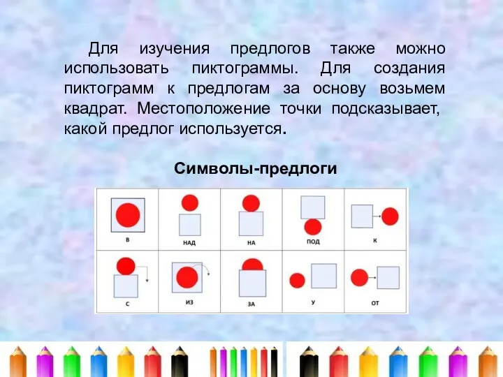 Для изучения предлогов также можно использовать пиктограммы. Для создания пиктограмм