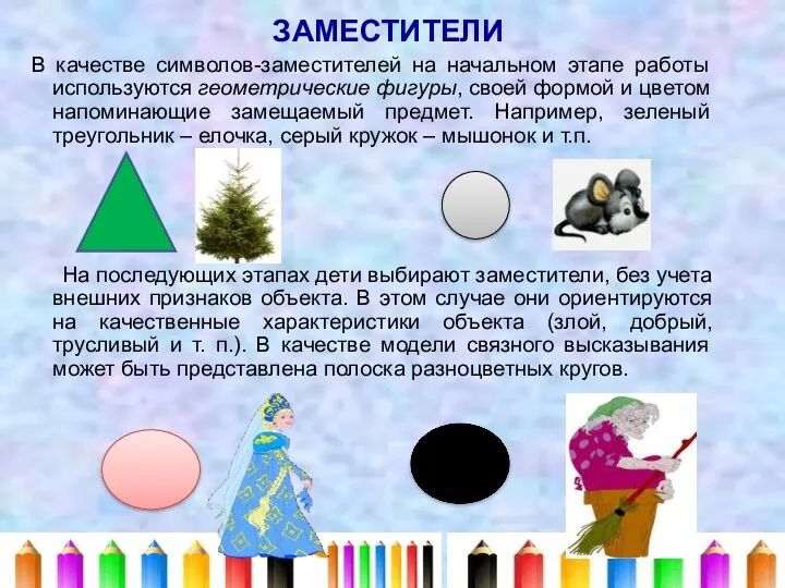 ЗАМЕСТИТЕЛИ В качестве символов-заместителей на начальном этапе работы используются геометрические