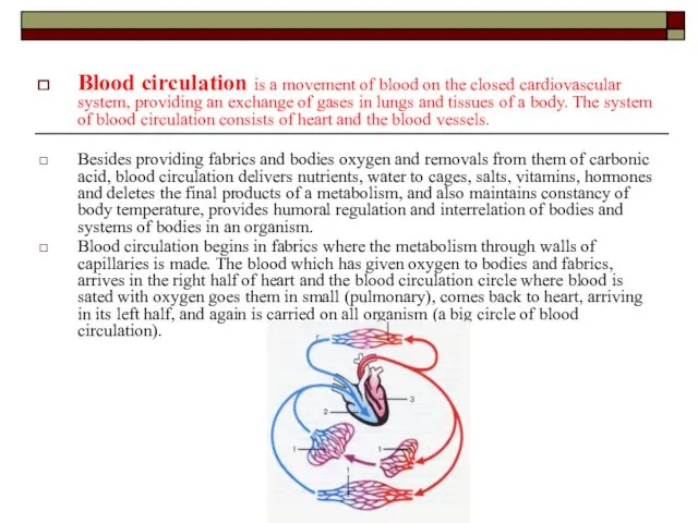 Blood circulation is a movement of blood on the closed cardiovascular system, providing