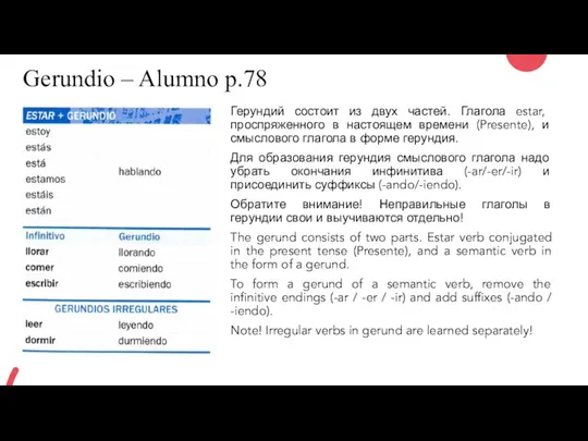 Gerundio – Alumno p.78 Герундий состоит из двух частей. Глагола